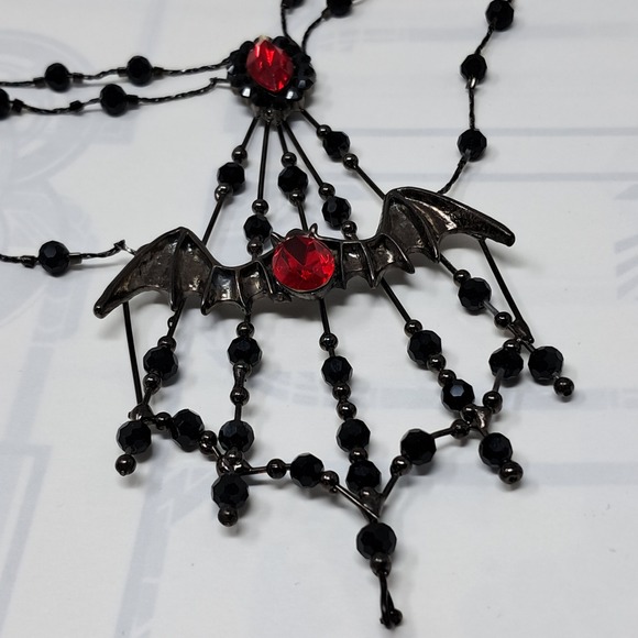 Bat‎ Spider Web Necklace Gothic Halloween Dark Academia Red Stone 16" Long - Picture 4 of 7